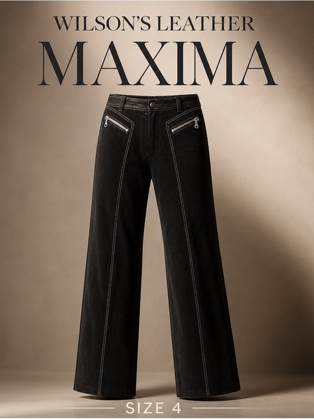 Wilsons 100% Leather Black Wide-Leg with white Stitching pants jeans sz 4